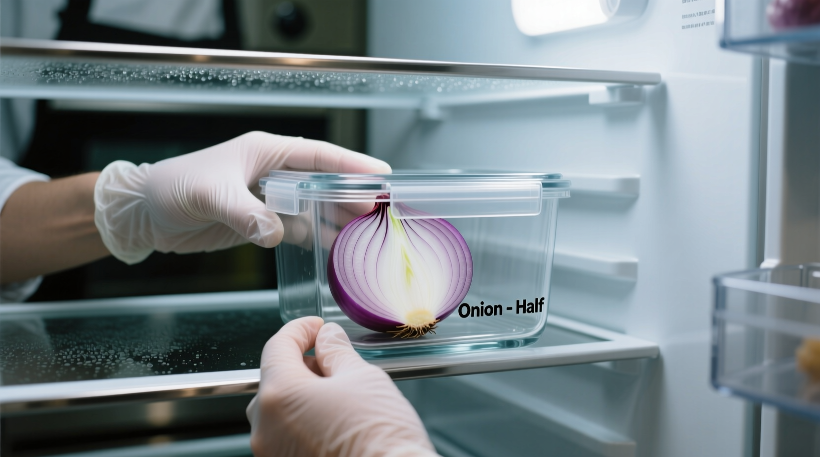 Chef storing half an onion in airtight container in refrigerator