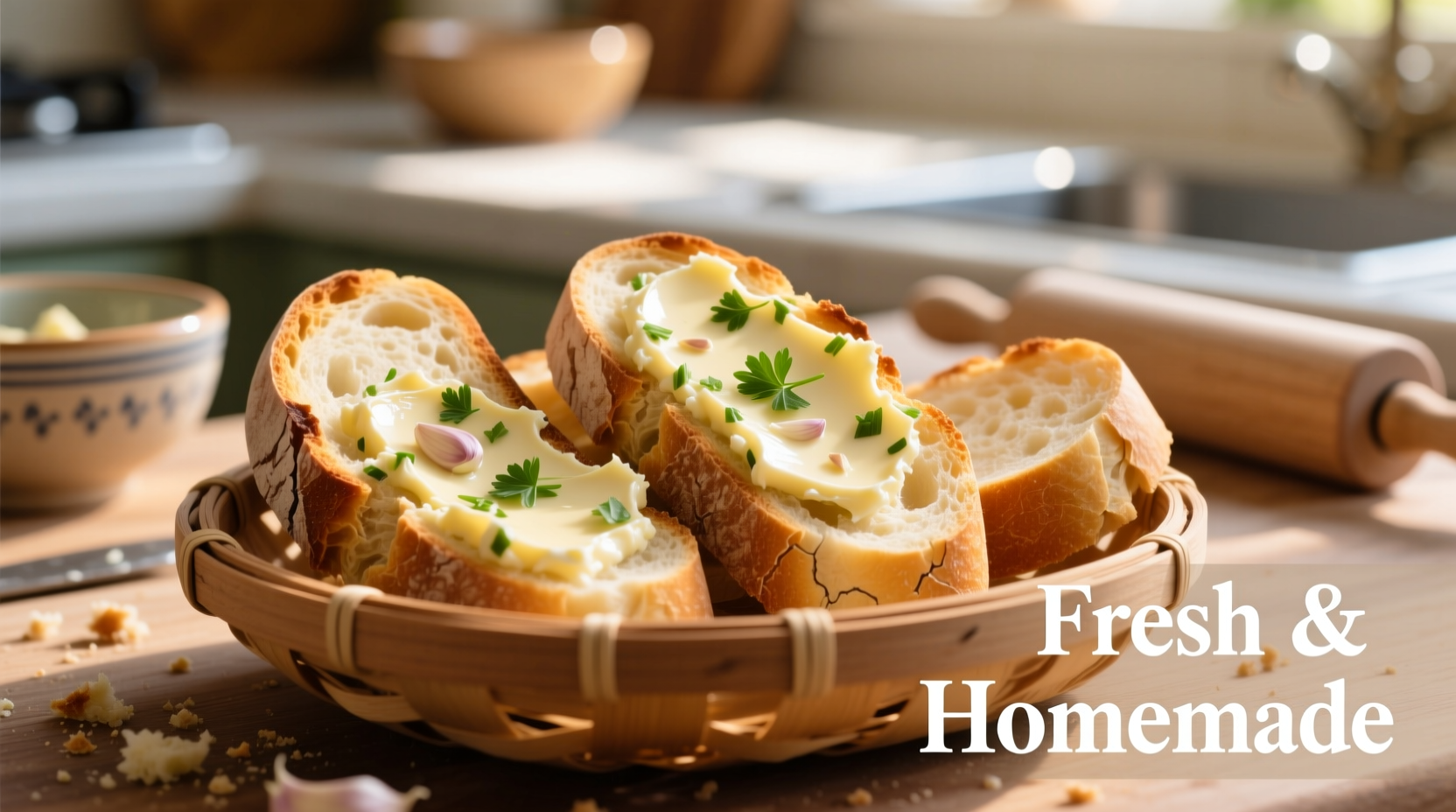 Homemade garlic butter spread on fresh baguette slices