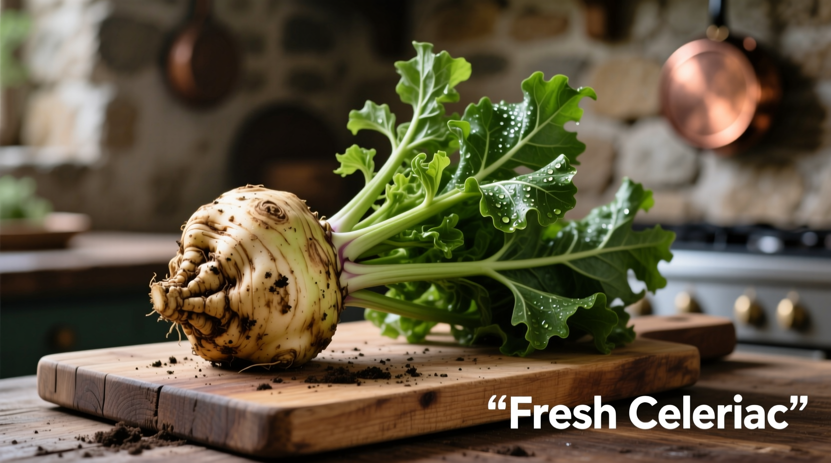 Fresh celeriac root with leaves on wooden cutting board