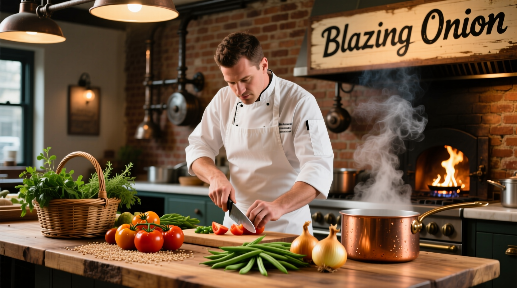 Chef preparing seasonal ingredients at Blazing Onion kitchen