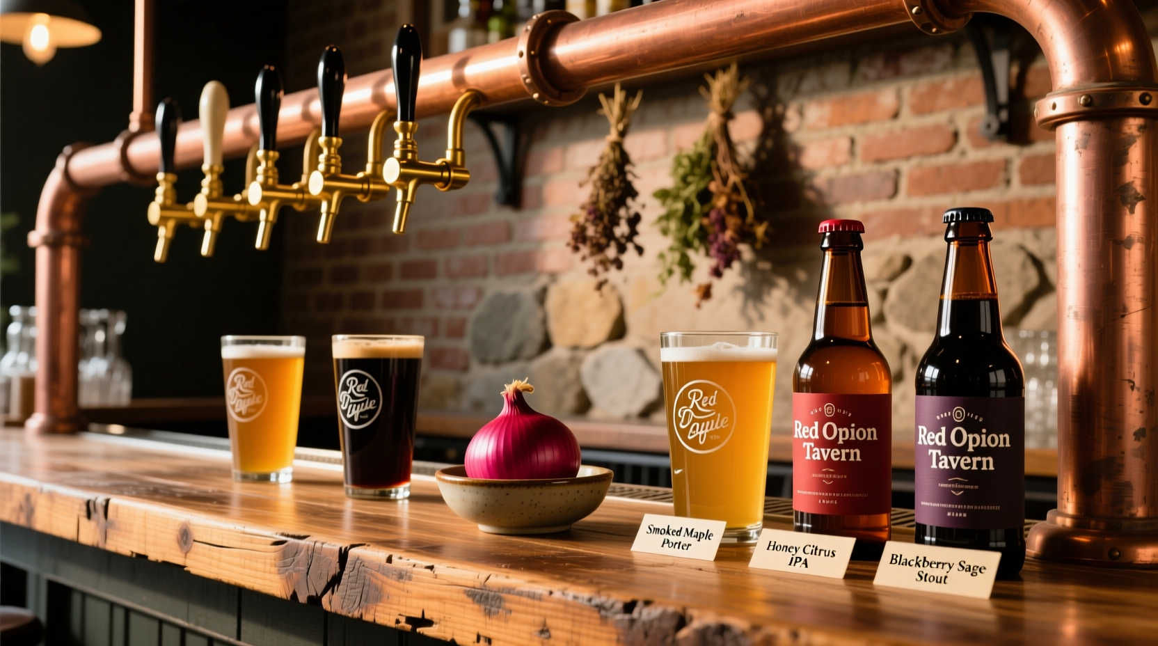 Red Onion Tavern's signature craft beer selection on wooden bar