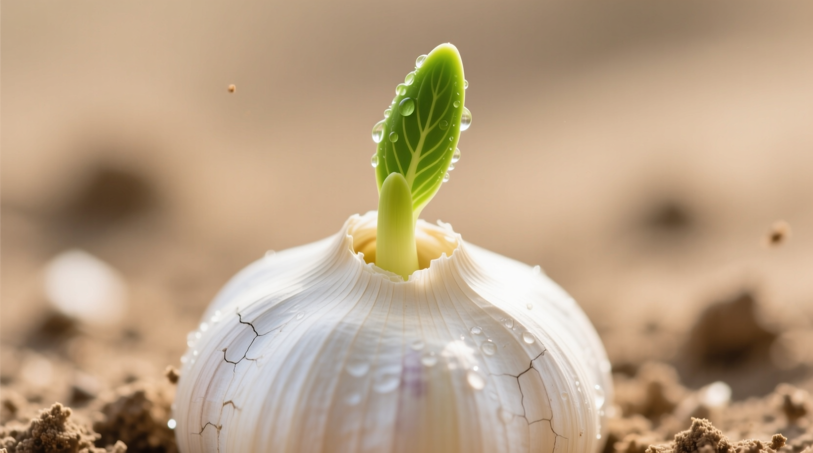 Close-up of garlic clove with green sprout
