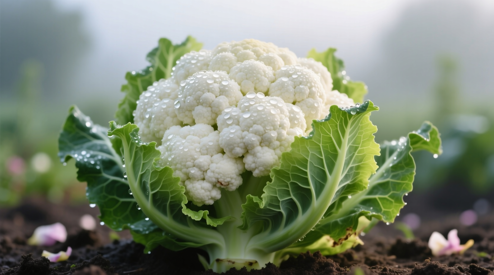 Close-up of fresh white cauliflower head with green leaves