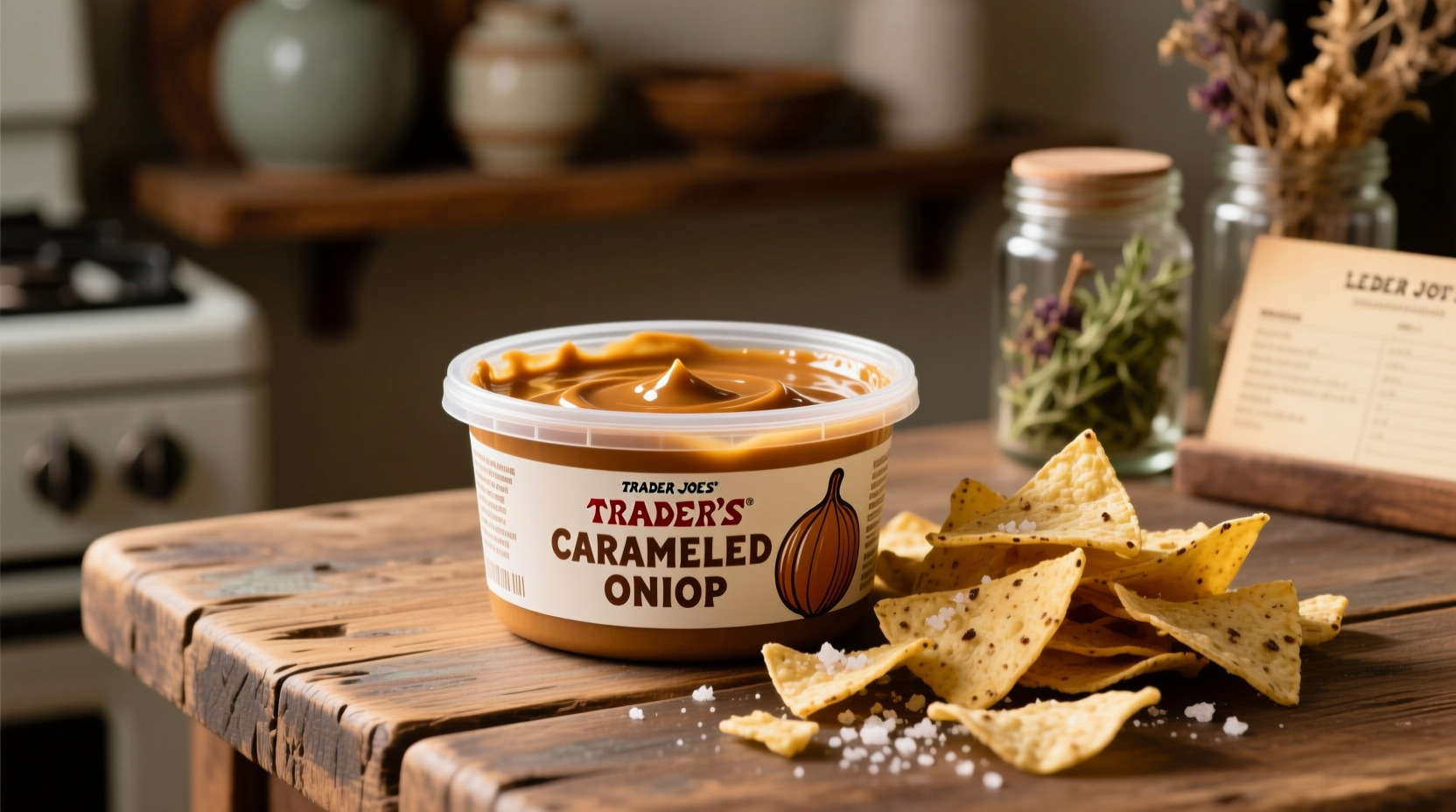 Trader Joe's caramelized onion dip container with chips