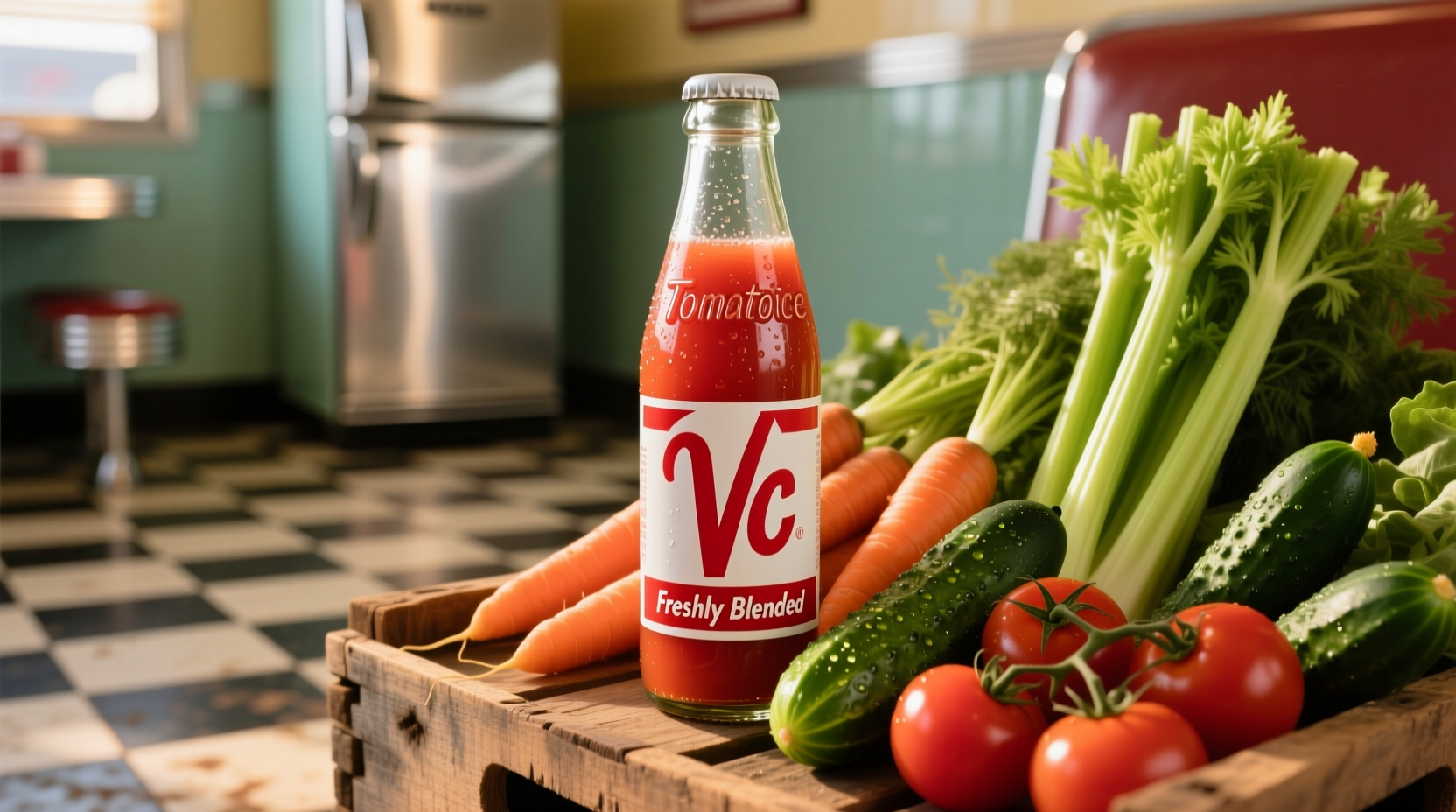 V8 tomato juice bottle next to fresh vegetables