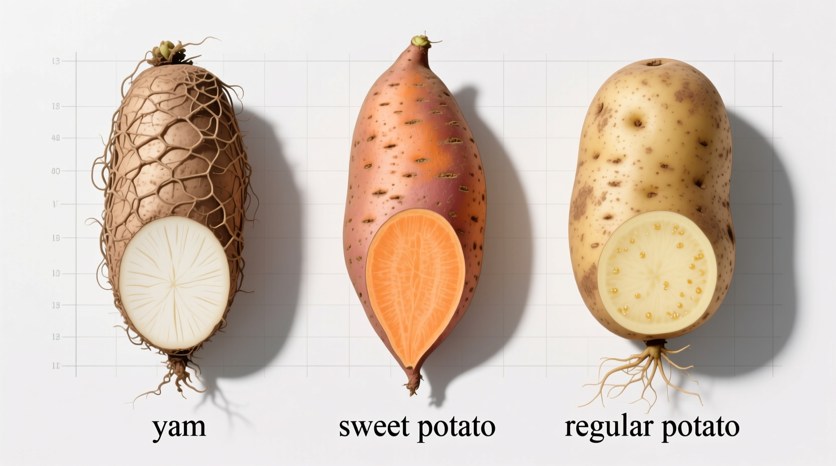 Side-by-side comparison of yam, sweet potato, and regular potato