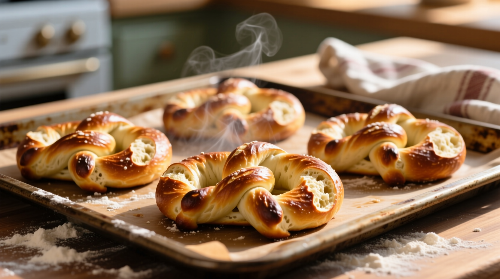 Homemade cauliflower pretzels on baking sheet with golden brown color