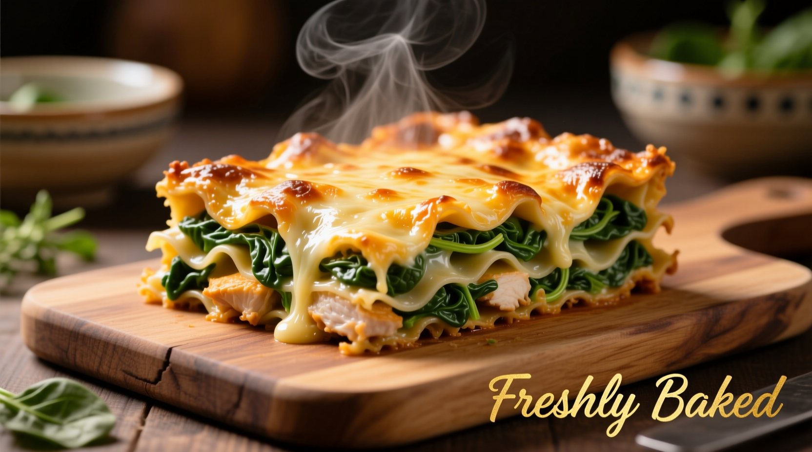 Golden baked chicken spinach lasagna with melted cheese