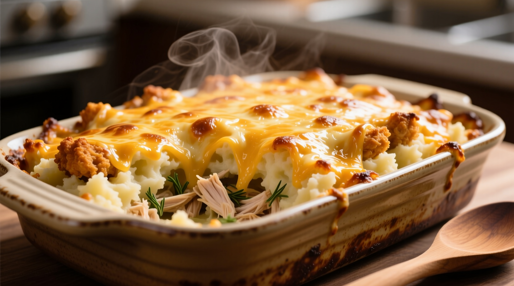 Golden chicken mashed potato casserole with melted cheese topping