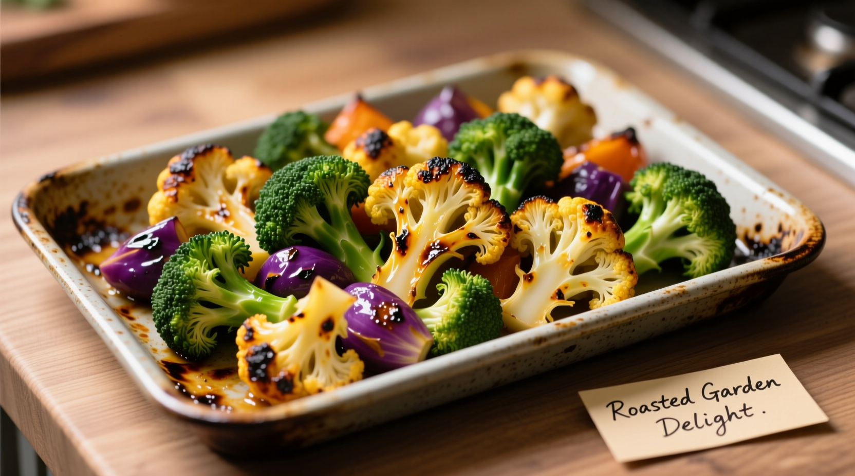 Colorful roasted cauliflower and broccoli on baking sheet