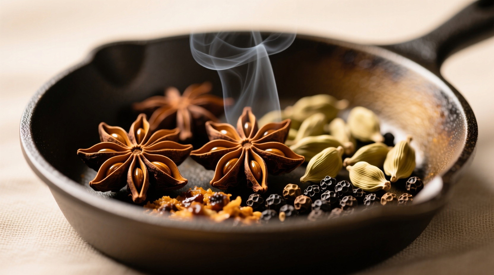 Close-up of toasted whole spices: star anise, cardamom pods, and black peppercorns in a cast-iron skillet
