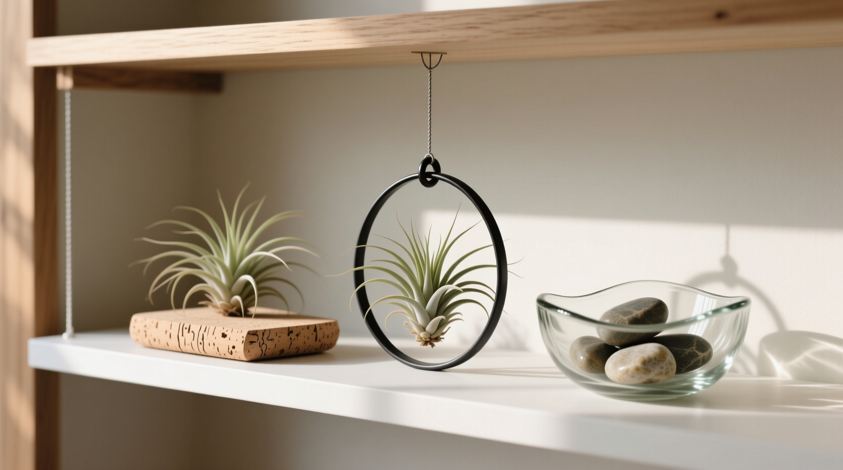 Three air plants mounted cleanly: one nestled in a pale cork slab with subtle groove, one cradled in a bent matte-black steel ring suspended from a white oak shelf, one resting atop smooth river stones inside an open, hand-blown glass bowl—natural light, no visible fasteners or residue