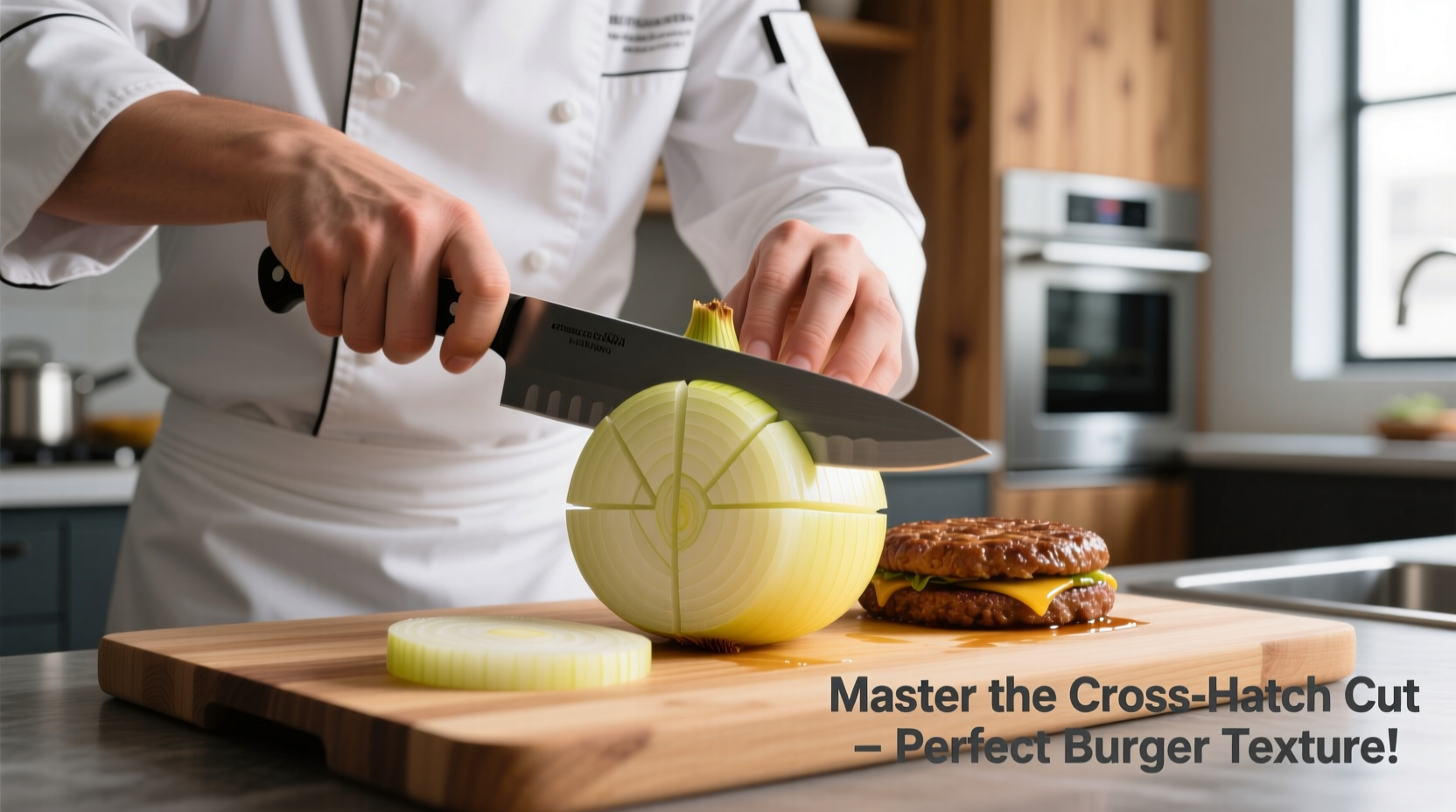 Chef demonstrating cross-hatch onion slicing technique for burgers