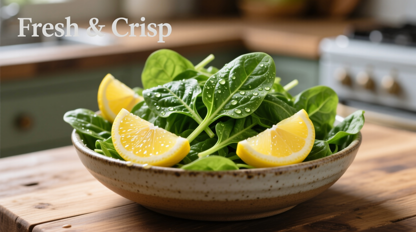 Fresh raw spinach leaves in a salad bowl with lemon wedges
