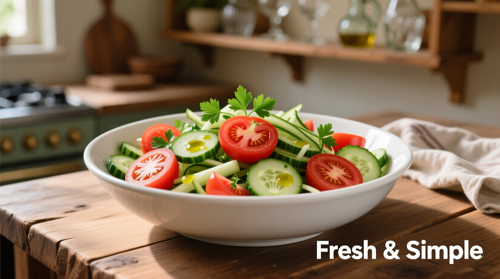 Fresh tomato cucumber salad in white bowl