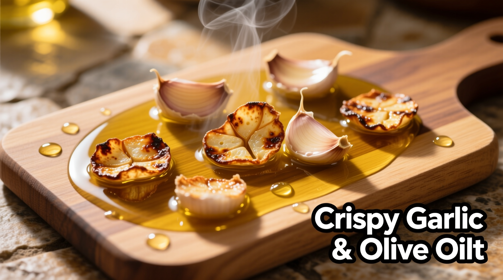 Golden brown crispy garlic slices in olive oil