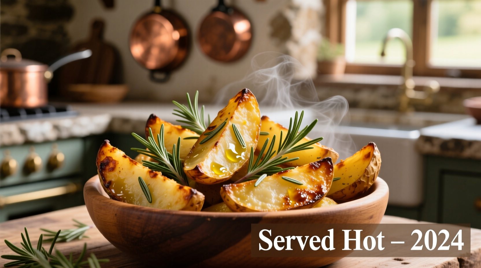 Golden roasted potato wedges with rosemary sprigs