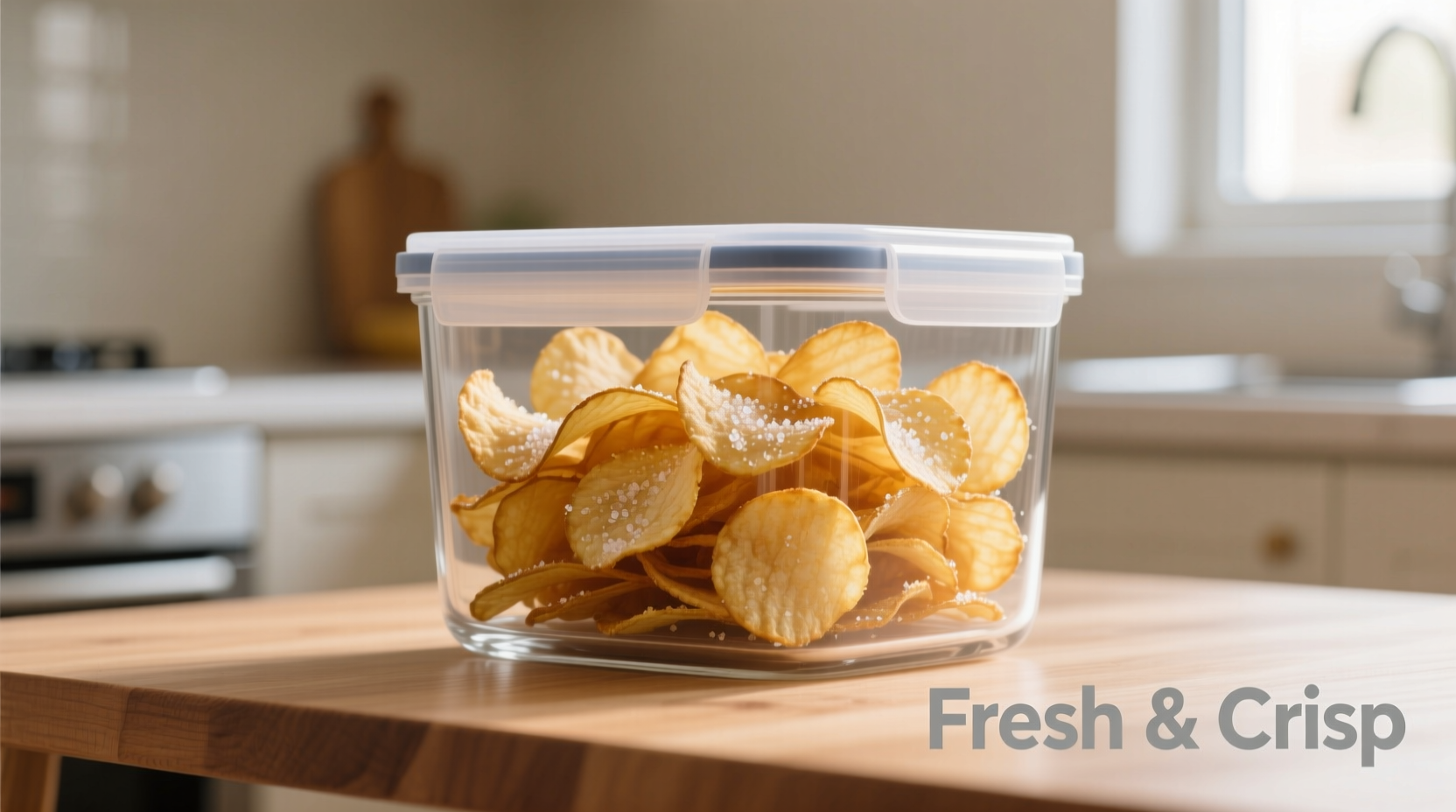 Fresh potato chips in proper storage container