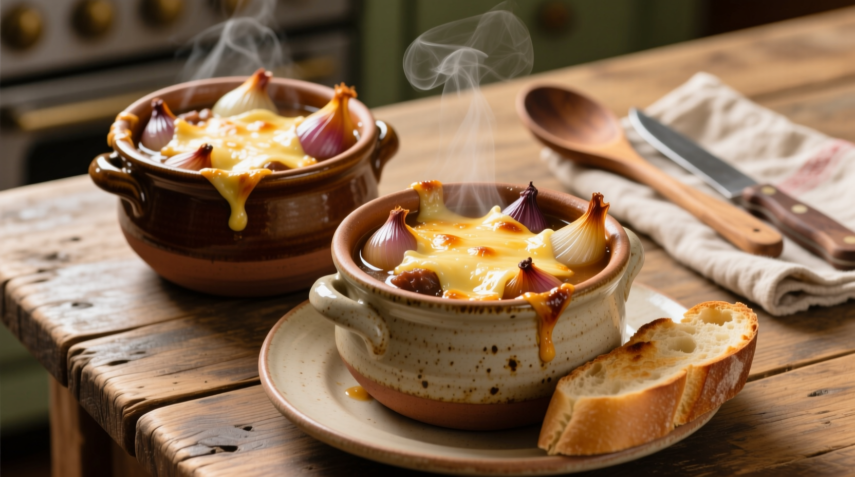 Authentic French onion soup crocks with melted cheese topping