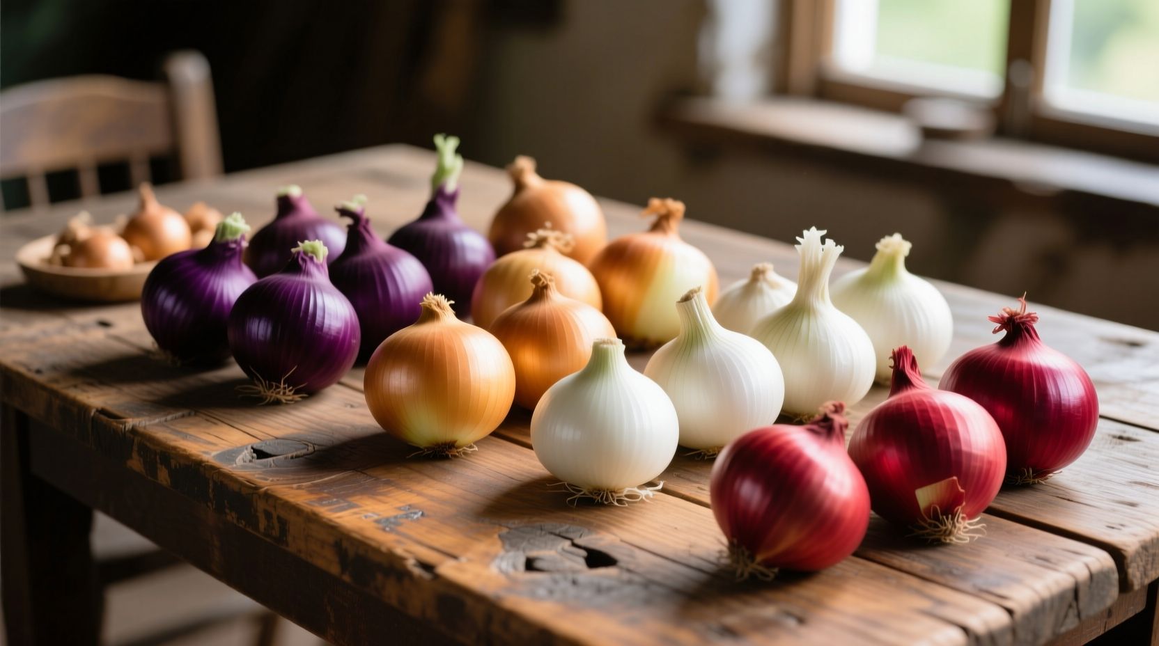 Freshly harvested onions arranged by variety on wooden table