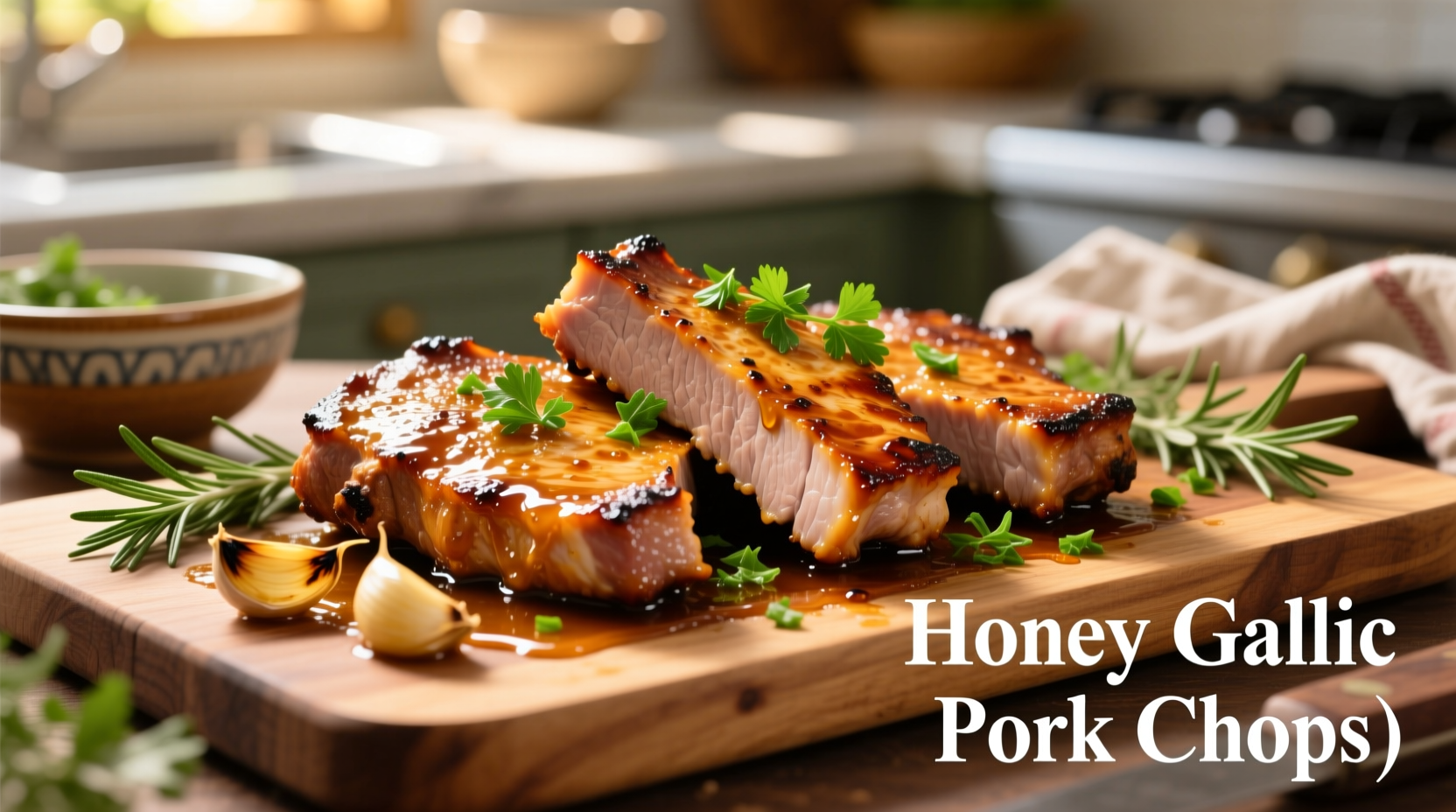 Golden honey balsamic pork chops with fresh rosemary garnish