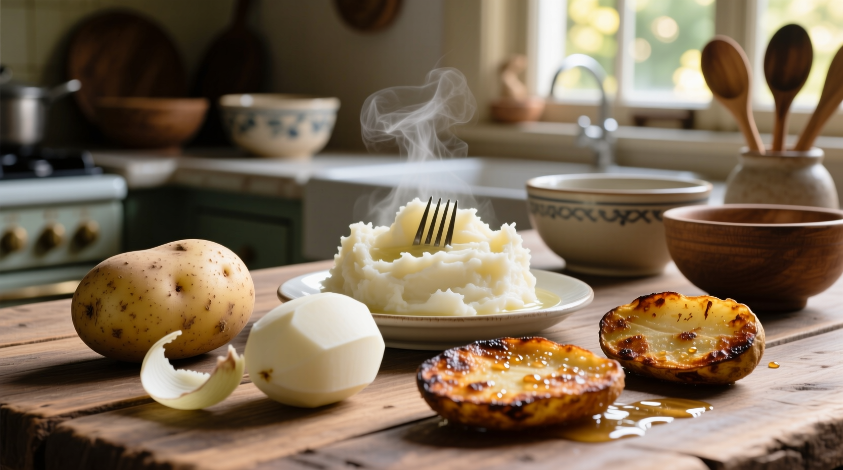 White potatoes in various cooking stages