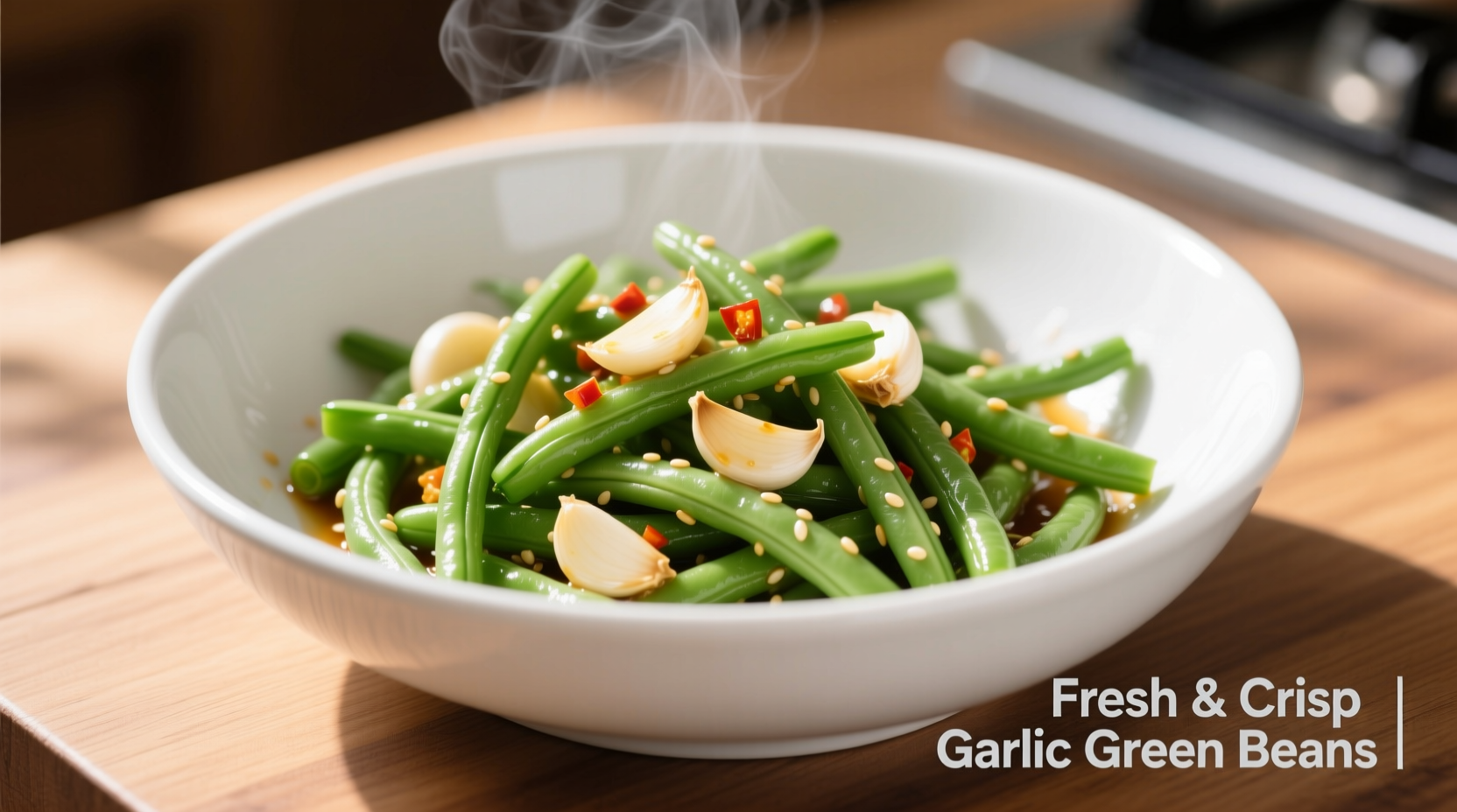 Crisp garlic green beans in white bowl