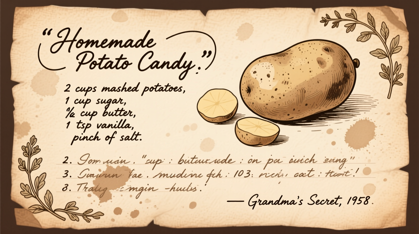 Vintage recipe card for homemade potato candy