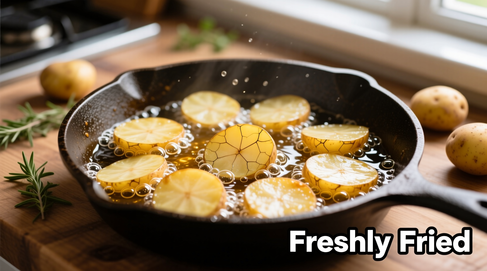 Fresh potato slices being fried in oil