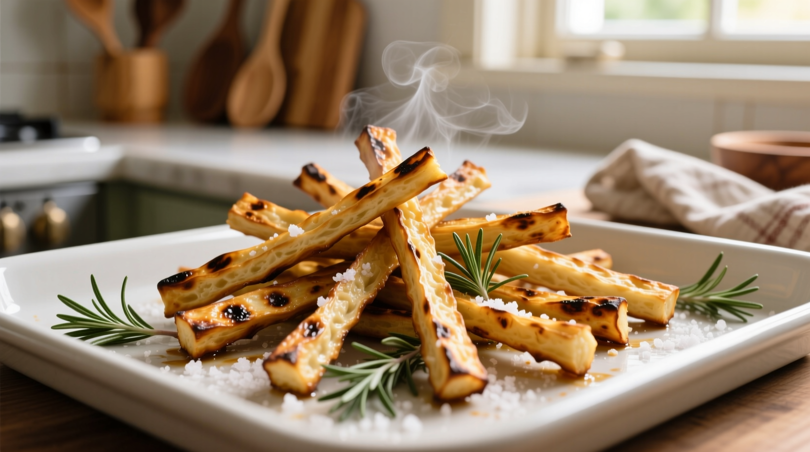 Golden brown garlic sticks on baking sheet