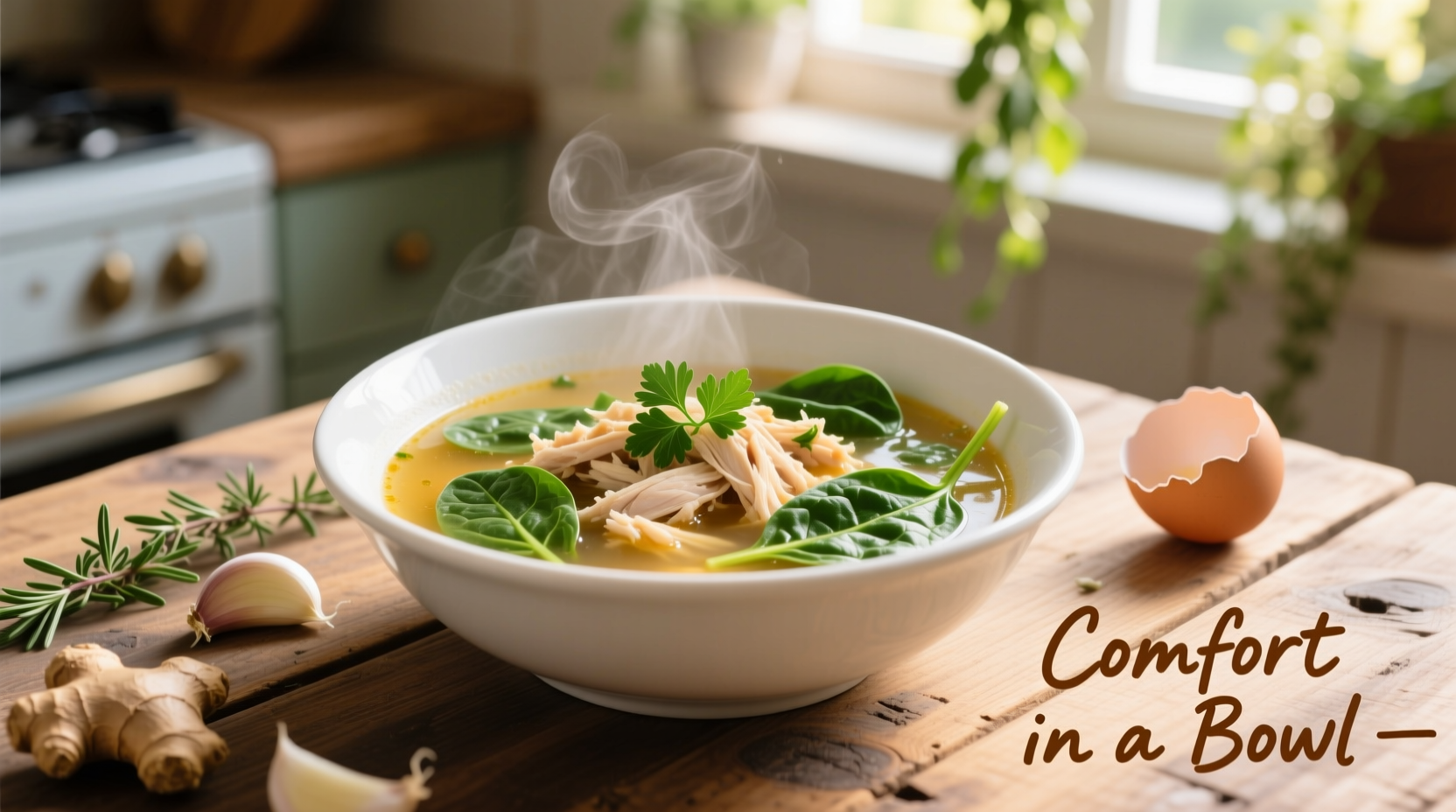 Homemade chicken soup with spinach in white bowl