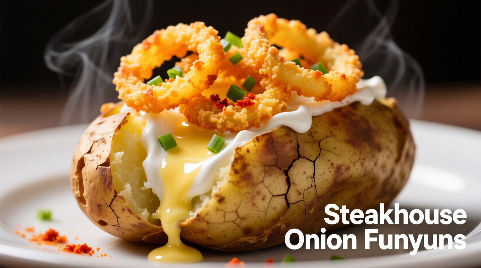Steakhouse onion funyuns used as crispy topping on baked potato