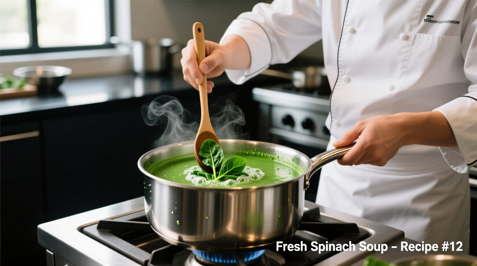 Chef preparing vibrant green spinach soup in stainless steel pot