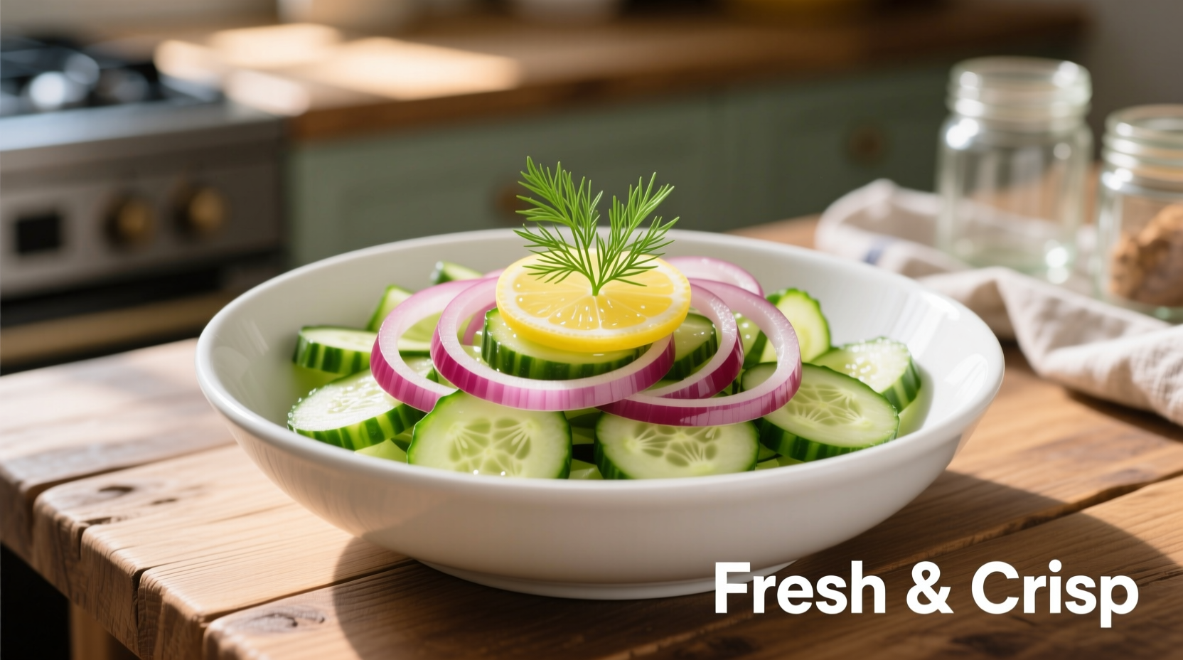 Fresh onion and cucumber salad in white bowl