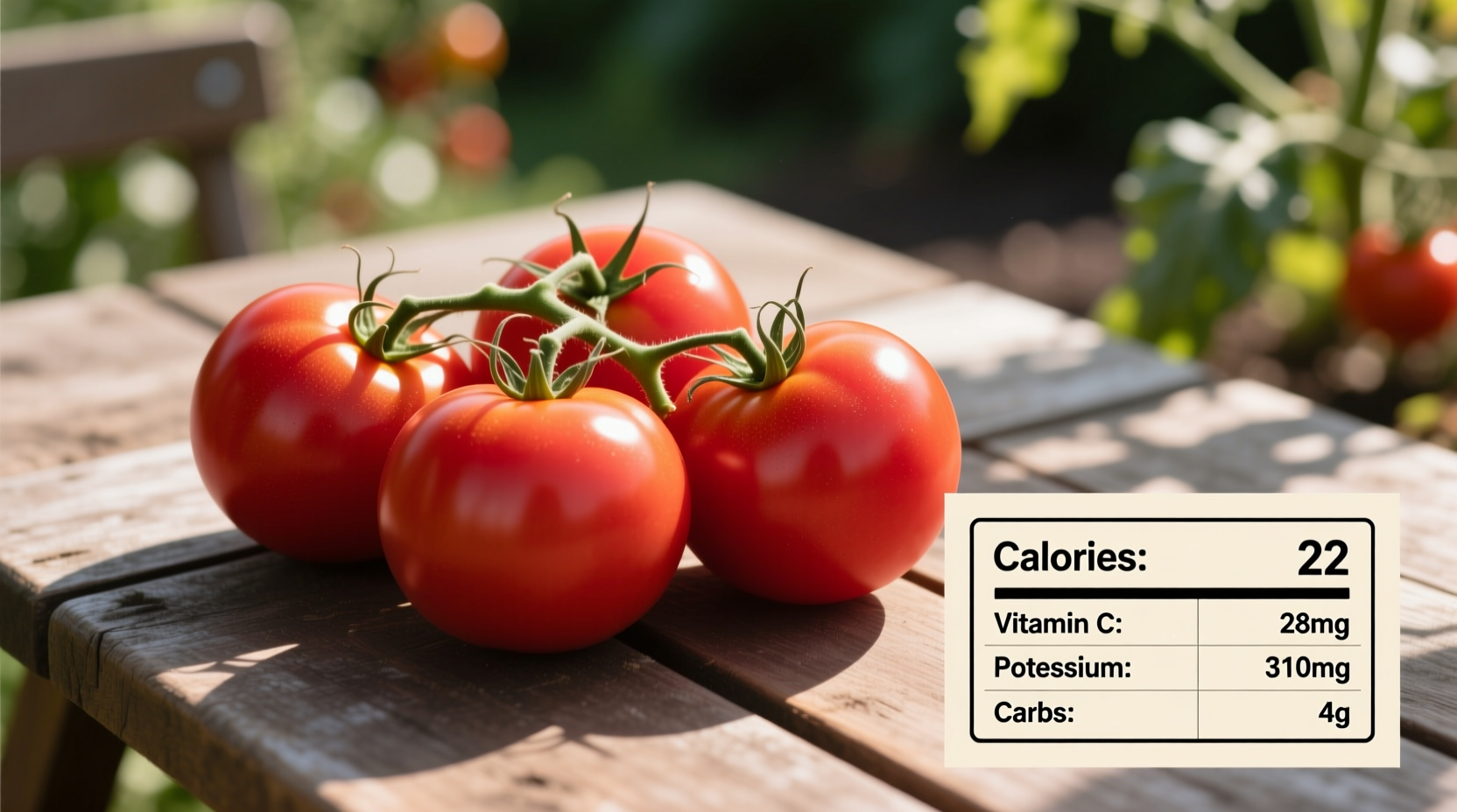 Fresh tomatoes with nutritional information chart