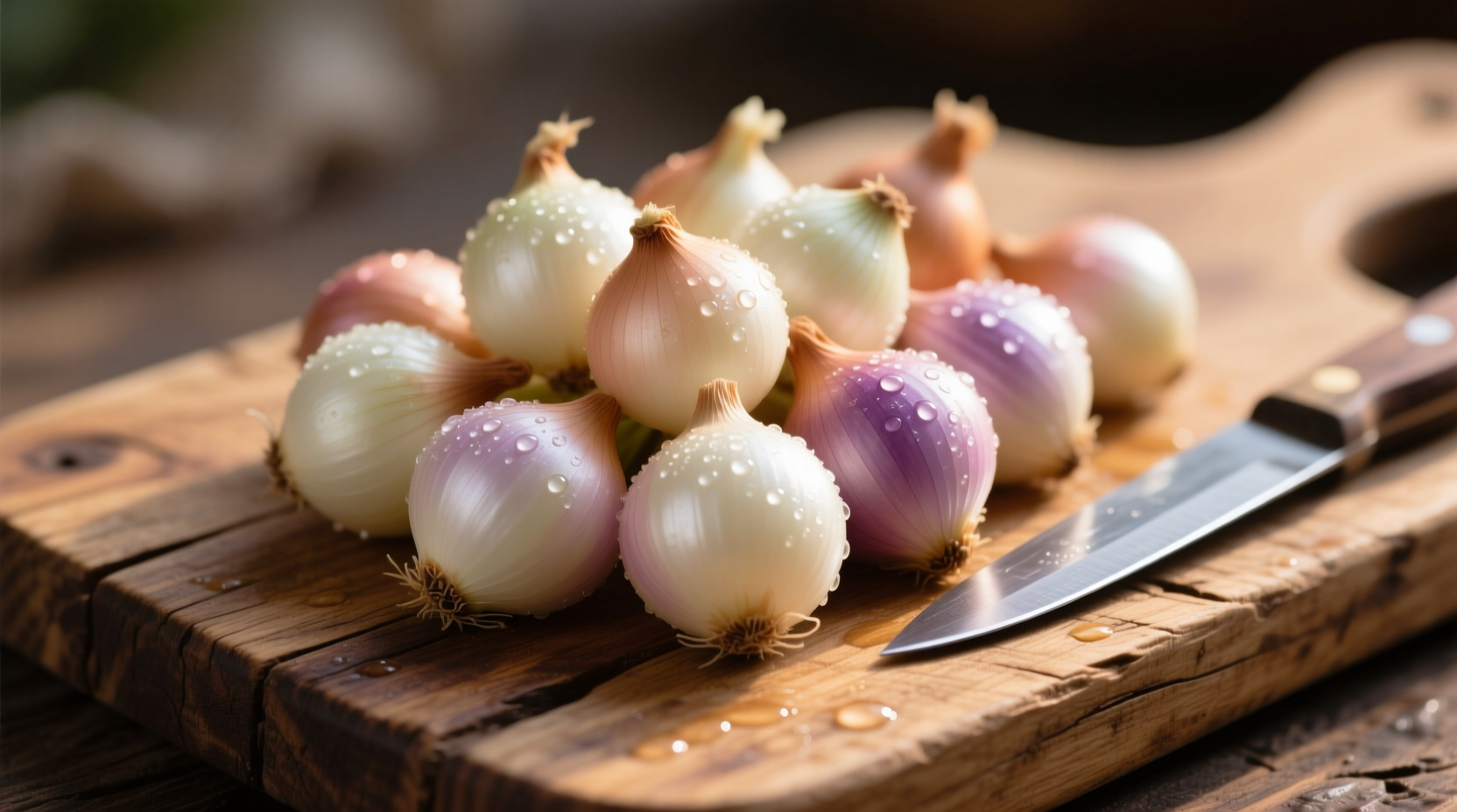 Fresh pearl onions on wooden cutting board