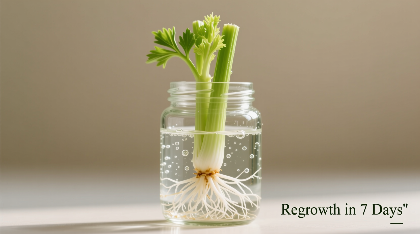Celery regrowing in glass container with visible roots