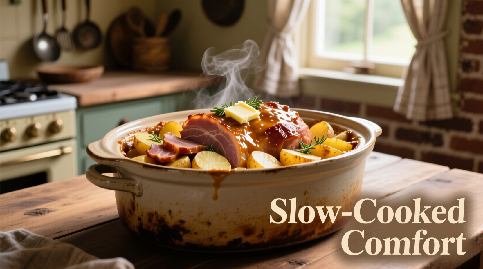 Slow cooker filled with golden ham and potato casserole