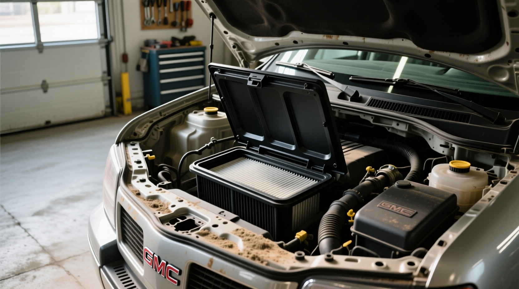 Close-up view of 2004 GMC Envoy fuel filter mounted under chassis near driver side door