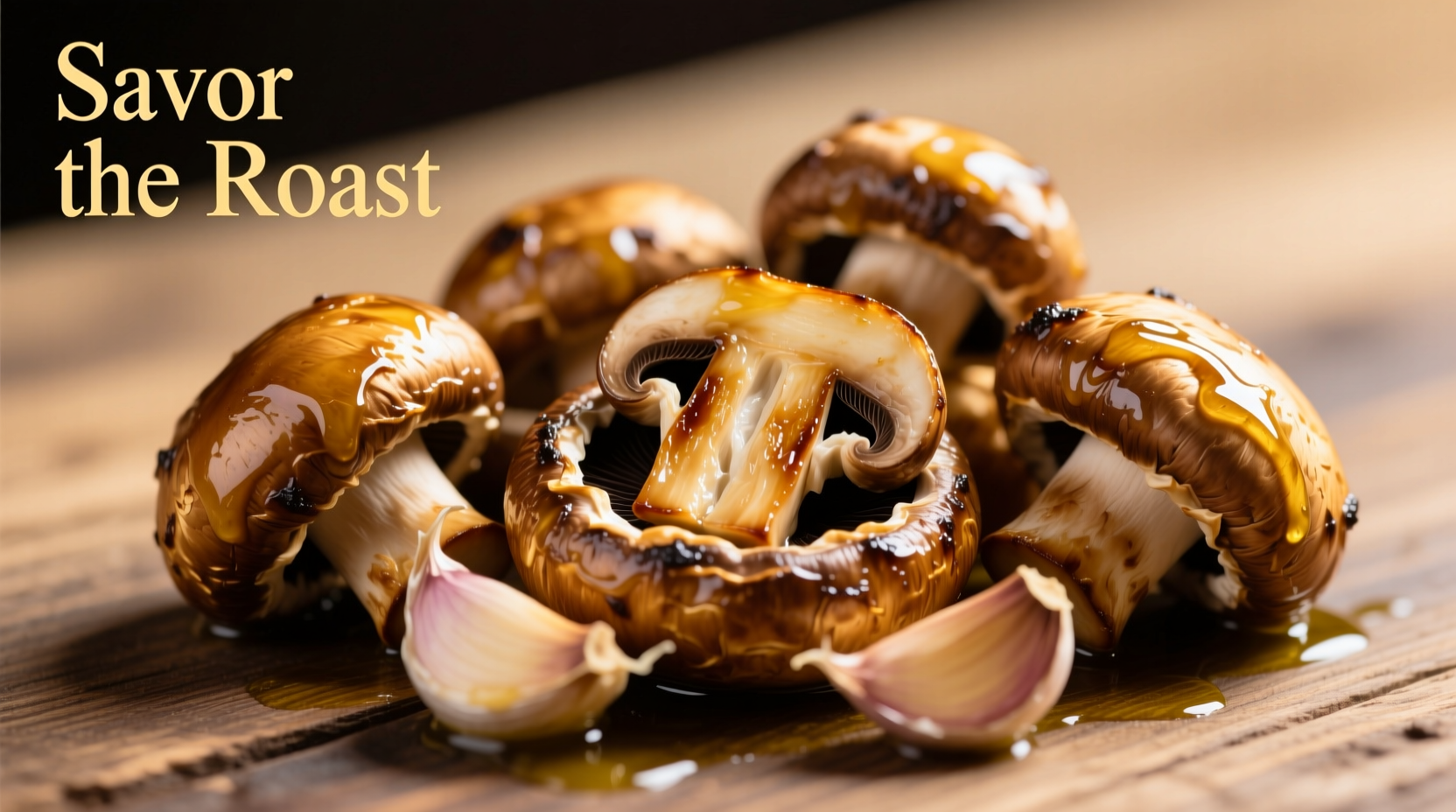 Golden roasted mushrooms with garlic cloves