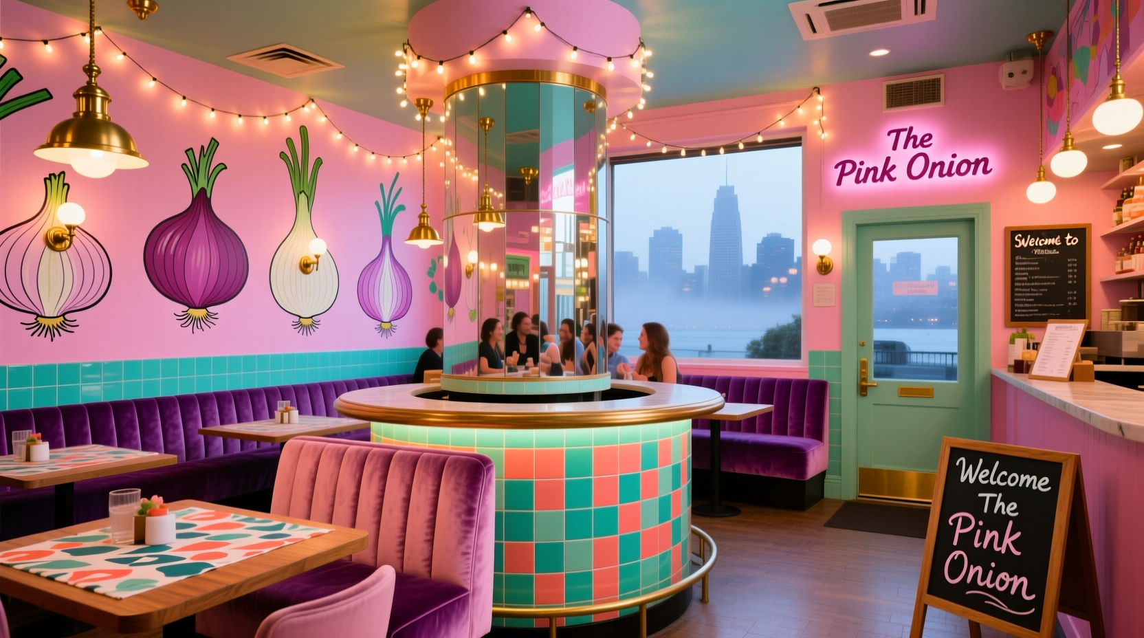 Colorful interior of The Pink Onion restaurant in SF