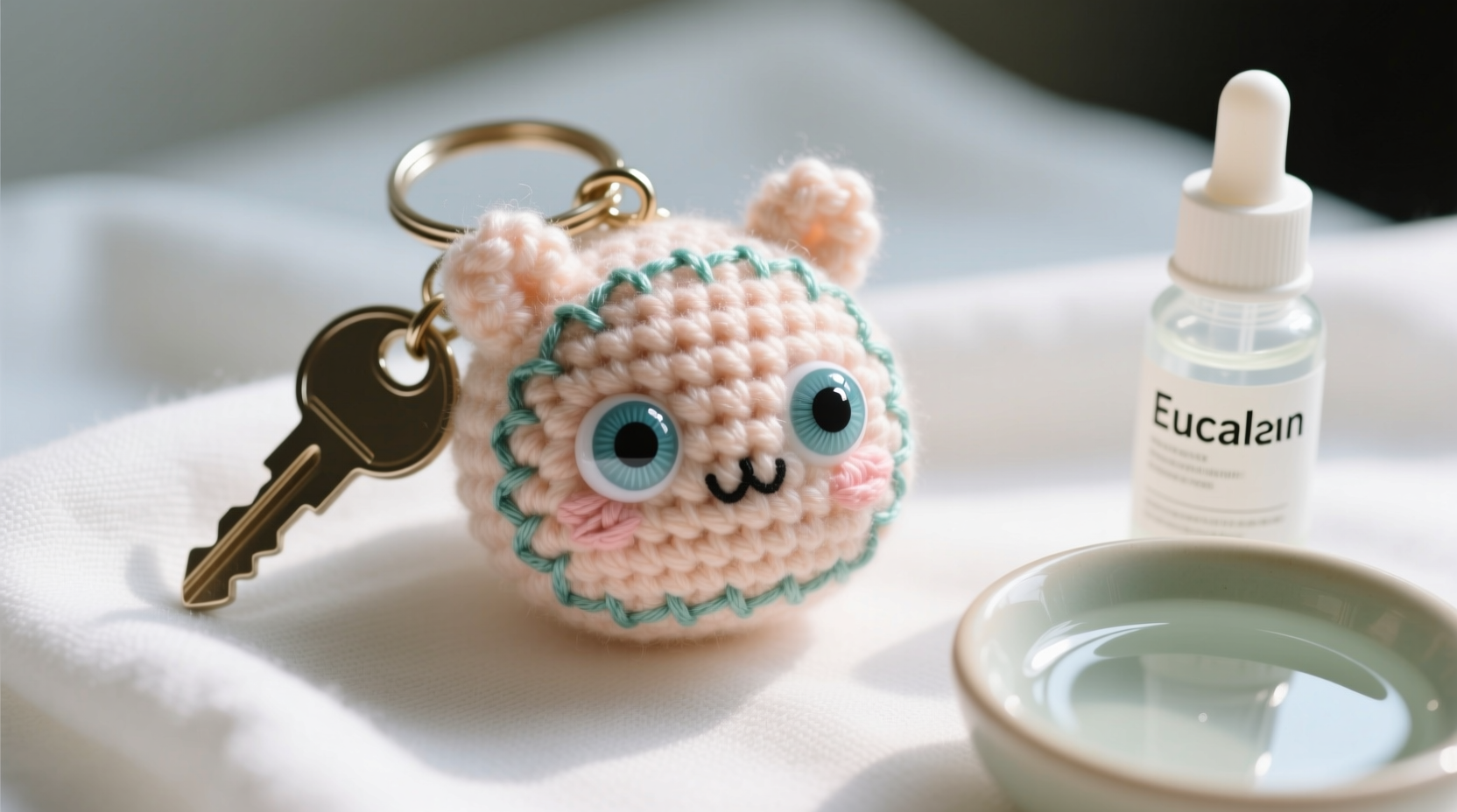 Close-up of a knitted amigurumi keychain resting on a white microfiber cloth, with plastic safety eyes clearly visible and embroidery details sharp; one corner shows a small bowl of clear water and a dropper bottle labeled 'Eucalan' beside it