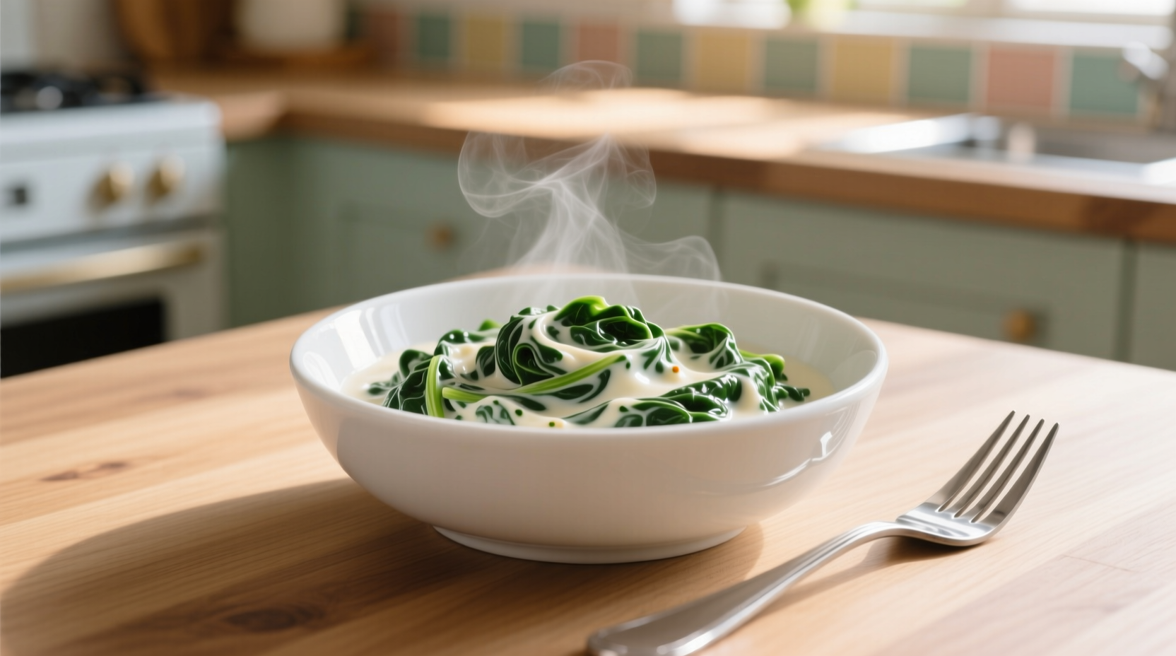 Creamed spinach in white bowl with fork