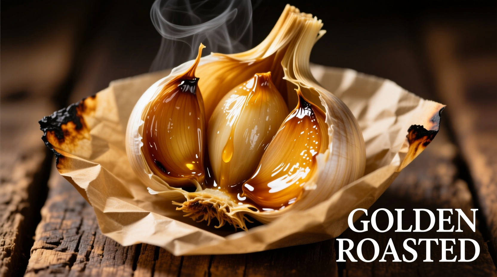 Golden roasted garlic head with cloves oozing from parchment