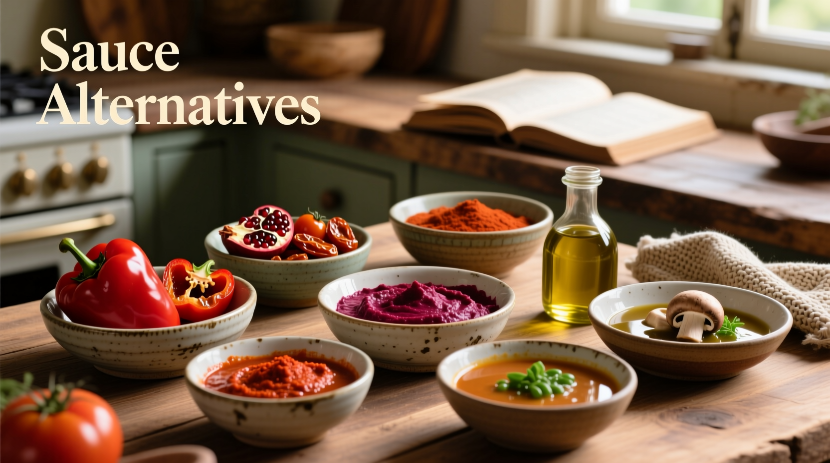 Various tomato sauce replacement ingredients in bowls