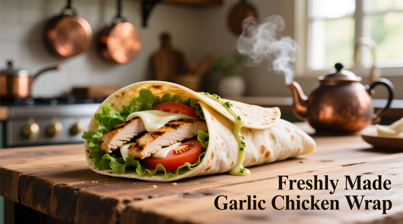 Freshly made garlic chicken wrap with visible ingredients