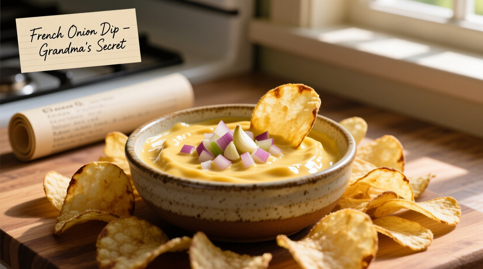 Homemade French onion dip in bowl with chips