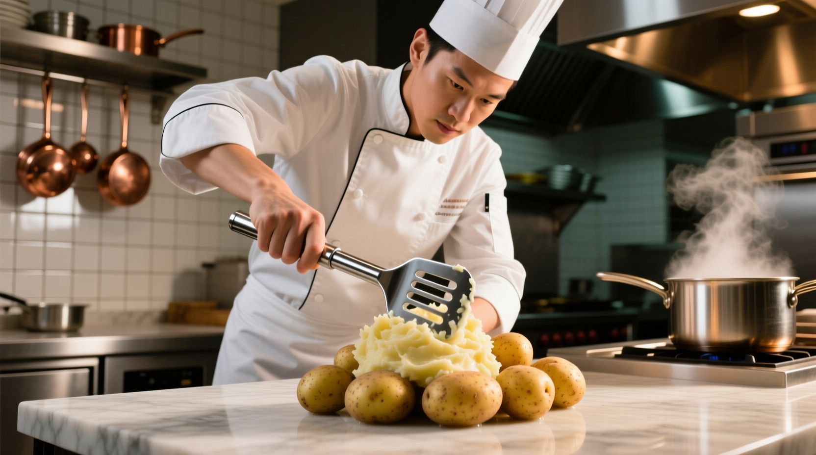 Professional chef using stainless steel potato masher
