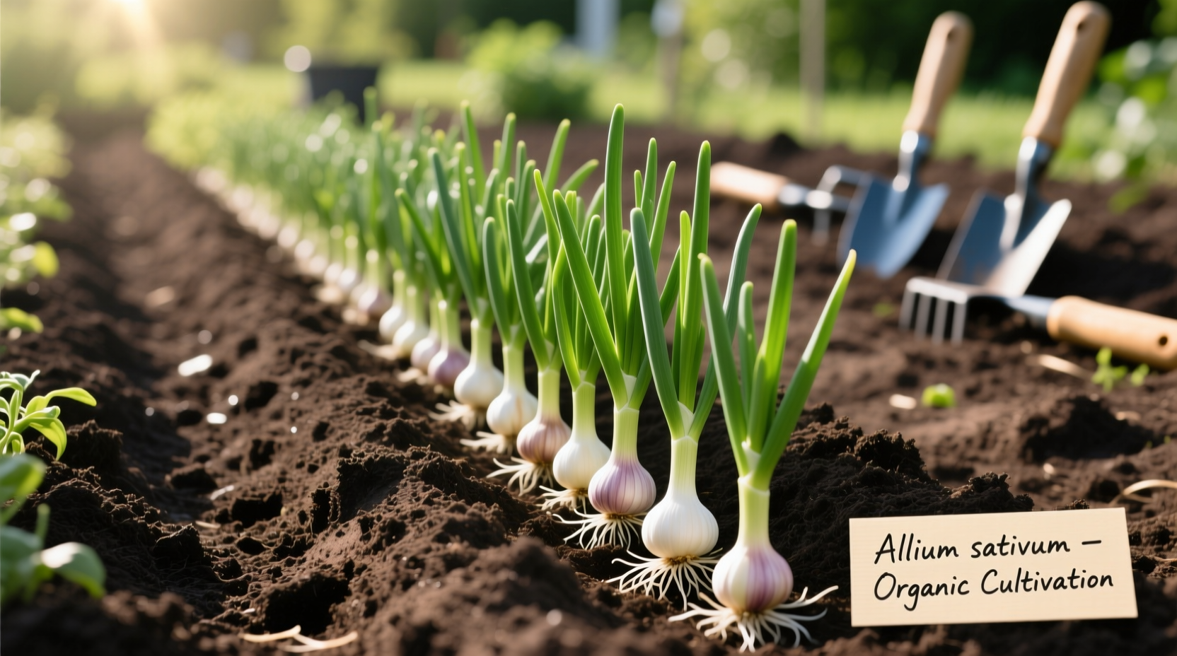 Garlic plants growing in well-prepared soil rows