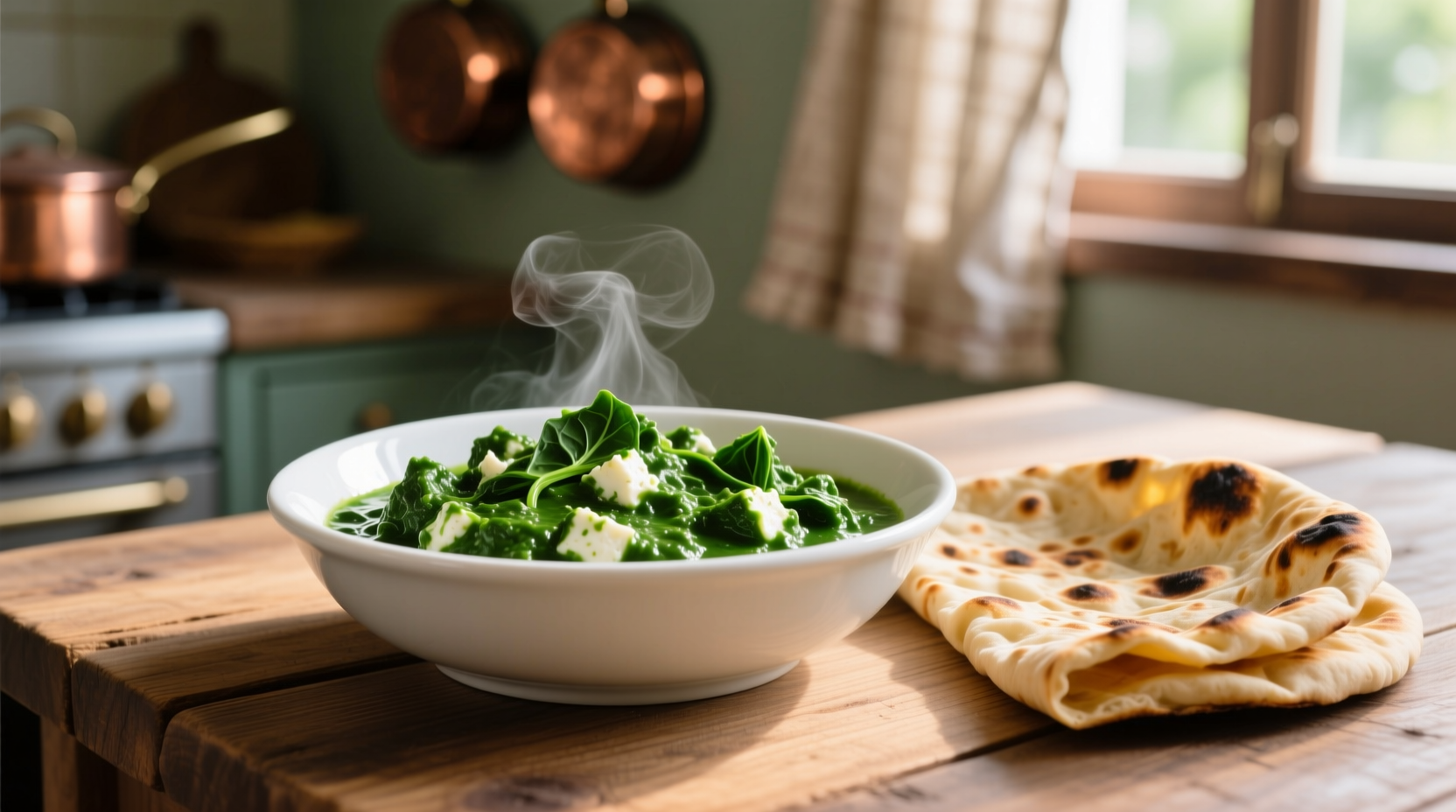 Vibrant green palak paneer in white bowl with naan bread